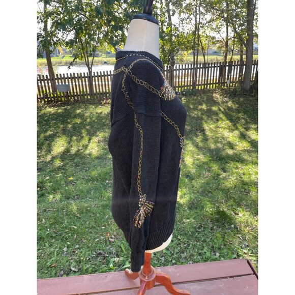 Holiday Sweater Large Black Gold Chain Design Vintage Beaded Tassel - Picture 6 of 9